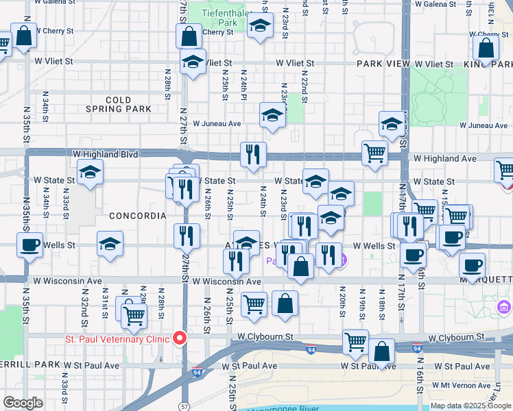 map of restaurants, bars, coffee shops, grocery stores, and more near 939 North 24th Street in Milwaukee