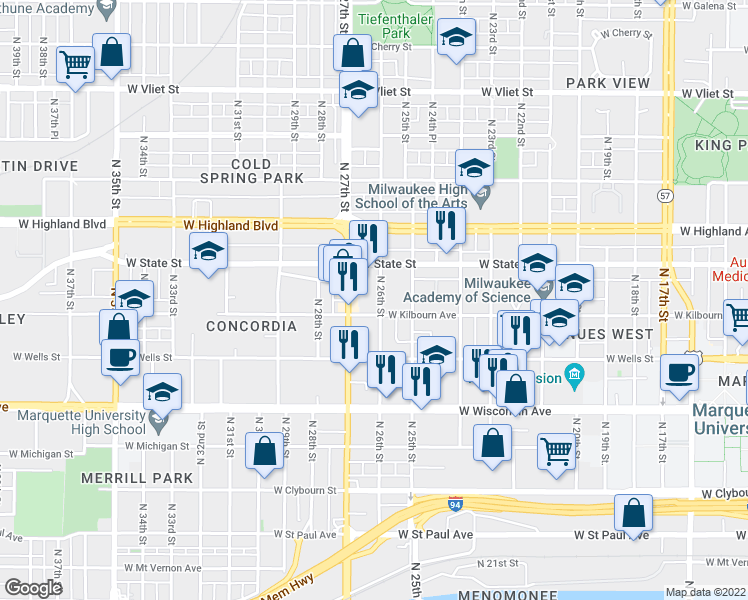 map of restaurants, bars, coffee shops, grocery stores, and more near 936 North 26th Street in Milwaukee