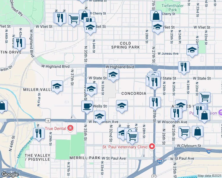 map of restaurants, bars, coffee shops, grocery stores, and more near 944 North 33rd Street in Milwaukee