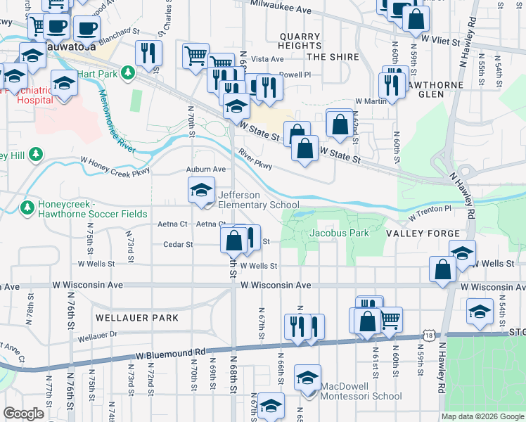 map of restaurants, bars, coffee shops, grocery stores, and more near 6667 Hillside Lane in Wauwatosa