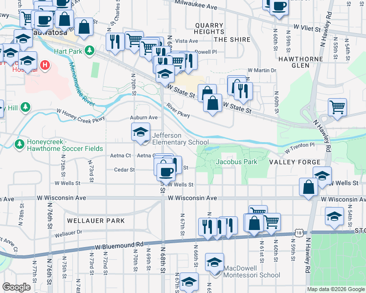 map of restaurants, bars, coffee shops, grocery stores, and more near 6667 Hillside Lane in Wauwatosa