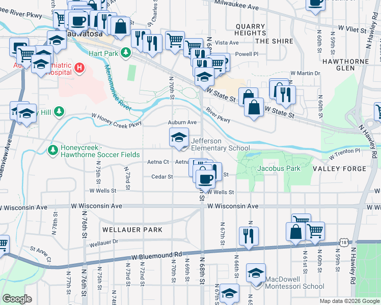 map of restaurants, bars, coffee shops, grocery stores, and more near 6914 Maple Terrace in Wauwatosa