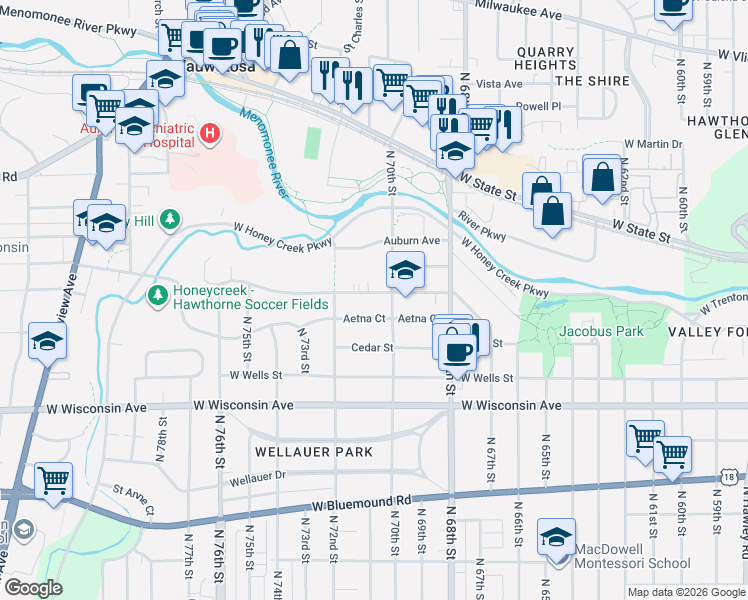 map of restaurants, bars, coffee shops, grocery stores, and more near 7030 Maple Terrace in Wauwatosa