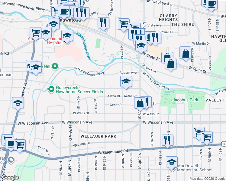 map of restaurants, bars, coffee shops, grocery stores, and more near 7030 Maple Terrace in Wauwatosa