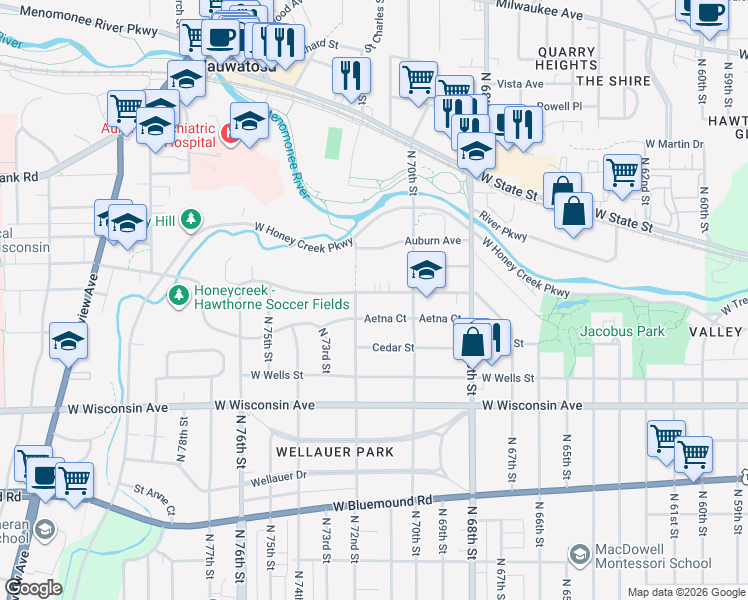 map of restaurants, bars, coffee shops, grocery stores, and more near 7126 Maple Terrace in Wauwatosa