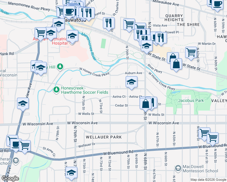 map of restaurants, bars, coffee shops, grocery stores, and more near 7126 Maple Terrace in Wauwatosa