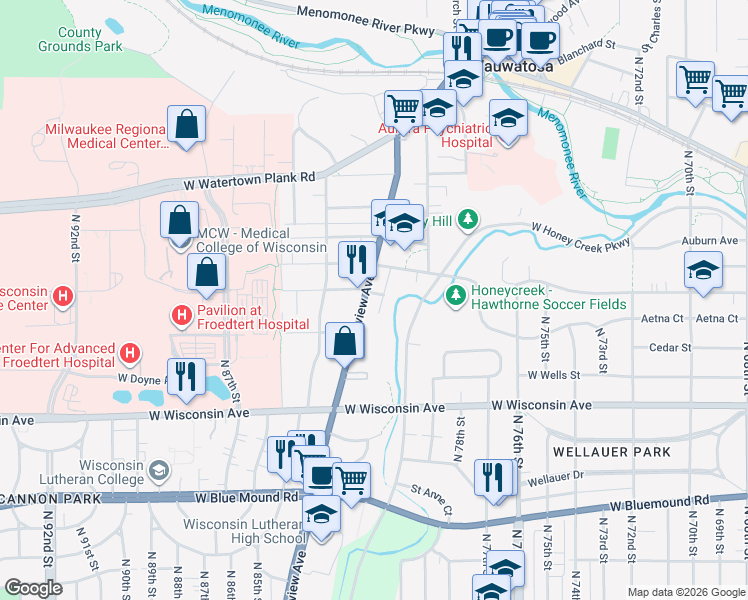 map of restaurants, bars, coffee shops, grocery stores, and more near in Wauwatosa