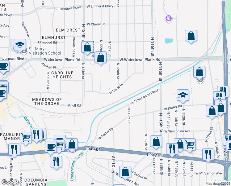 map of restaurants, bars, coffee shops, grocery stores, and more near 12007 West Diane Drive in Wauwatosa