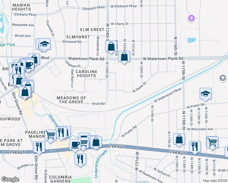 map of restaurants, bars, coffee shops, grocery stores, and more near 1006 North 124th Street in Wauwatosa