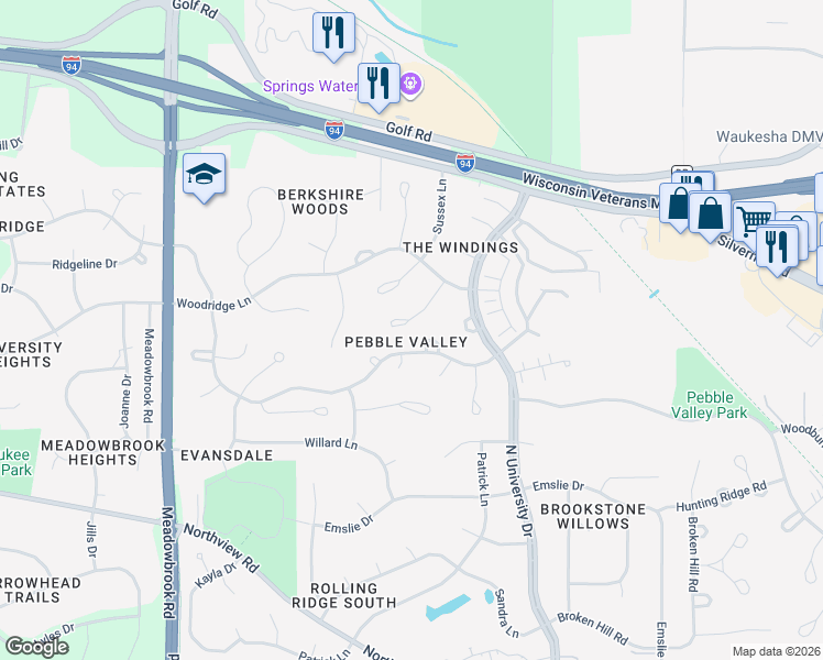 map of restaurants, bars, coffee shops, grocery stores, and more near 2714 Bristol Court in Waukesha