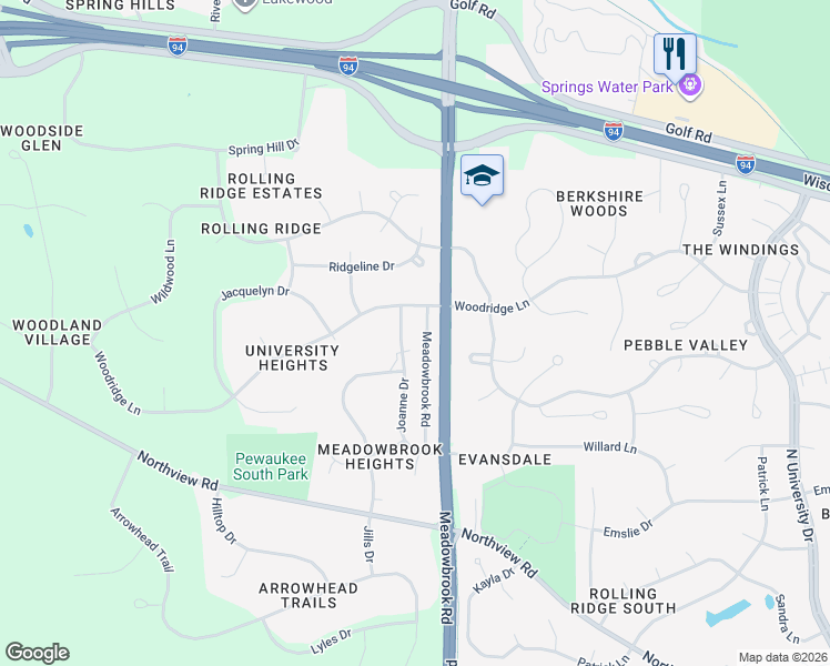 map of restaurants, bars, coffee shops, grocery stores, and more near 2707 Joanne Drive in Waukesha