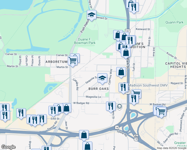 map of restaurants, bars, coffee shops, grocery stores, and more near 1005 Ridgewood Way in Madison