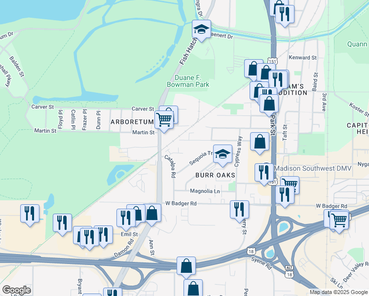 map of restaurants, bars, coffee shops, grocery stores, and more near 1029 Ridgewood Way in Madison