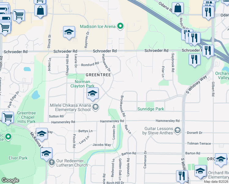 map of restaurants, bars, coffee shops, grocery stores, and more near 6202 Glenbrook Circle in Madison