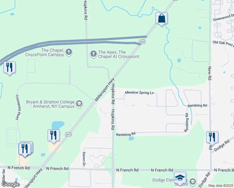 map of restaurants, bars, coffee shops, grocery stores, and more near 2280 Hopkins Road in Getzville