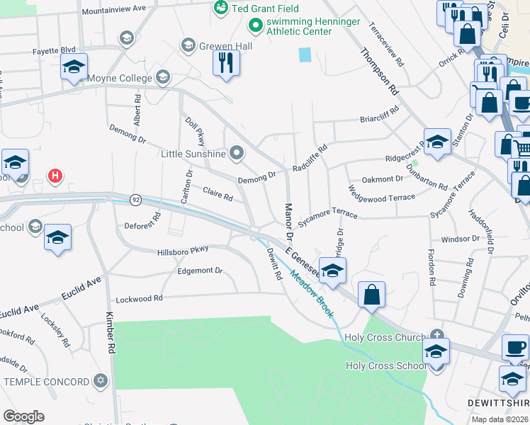 map of restaurants, bars, coffee shops, grocery stores, and more near 203 Gifford Parkway in Syracuse