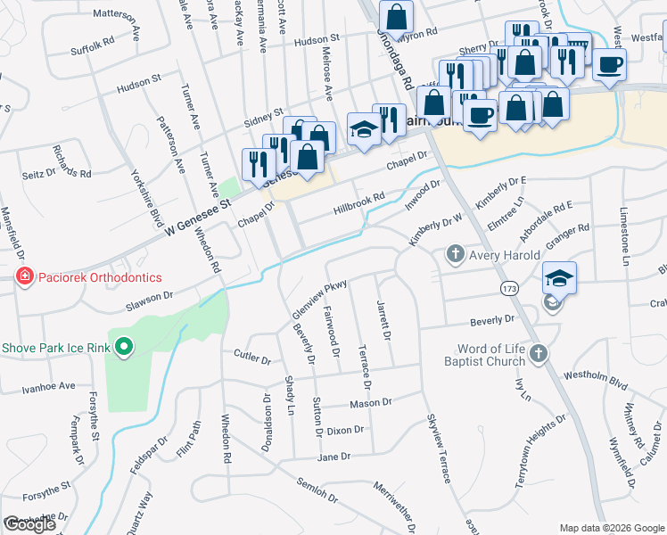 map of restaurants, bars, coffee shops, grocery stores, and more near 225 Kimberly Drive West in Syracuse