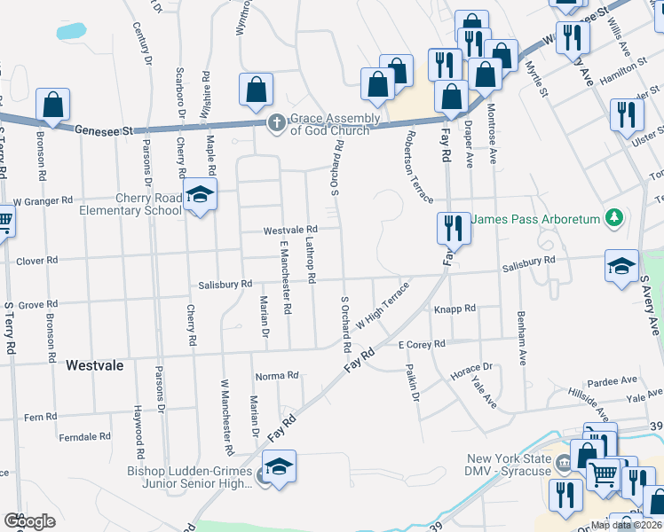 map of restaurants, bars, coffee shops, grocery stores, and more near 310 South Orchard Road in Syracuse