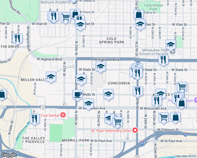 map of restaurants, bars, coffee shops, grocery stores, and more near 3215 West State Street in Milwaukee