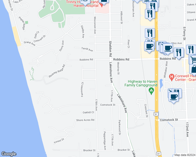 map of restaurants, bars, coffee shops, grocery stores, and more near 15070 178th Avenue in Grand Haven