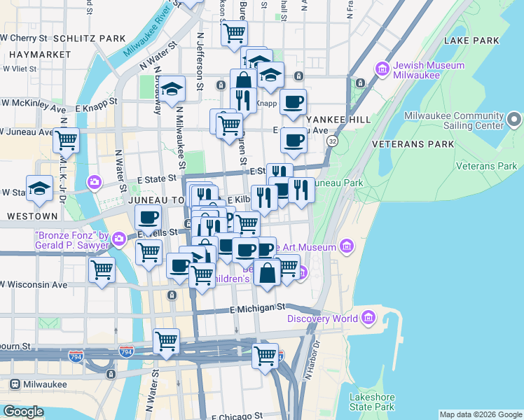 map of restaurants, bars, coffee shops, grocery stores, and more near 829 North Cass Street in Milwaukee
