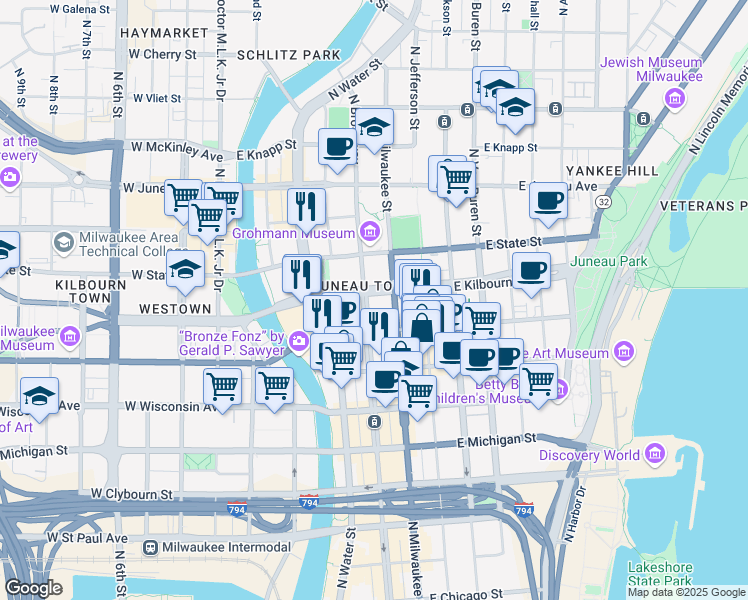 map of restaurants, bars, coffee shops, grocery stores, and more near 844 North Broadway in Milwaukee