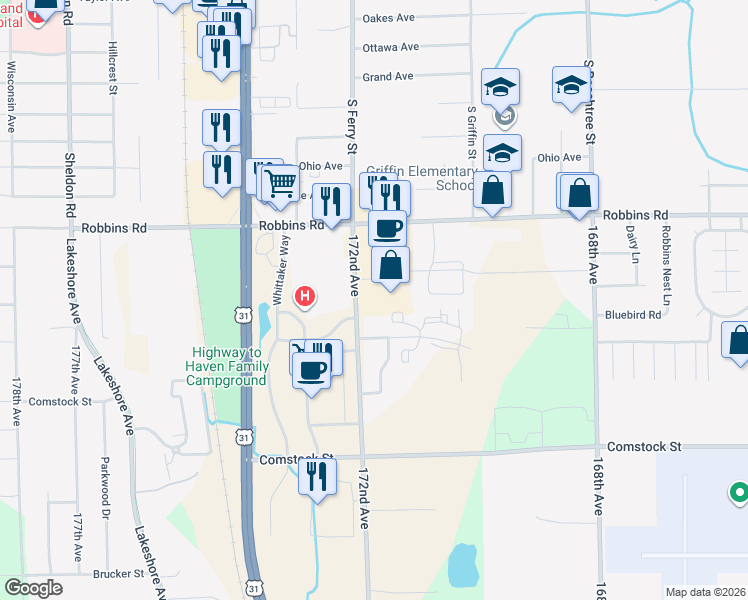 map of restaurants, bars, coffee shops, grocery stores, and more near 15070 172nd Avenue in Grand Haven