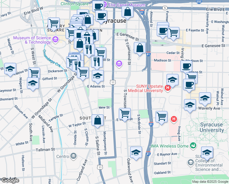map of restaurants, bars, coffee shops, grocery stores, and more near 100 Angelou Terrace in Syracuse