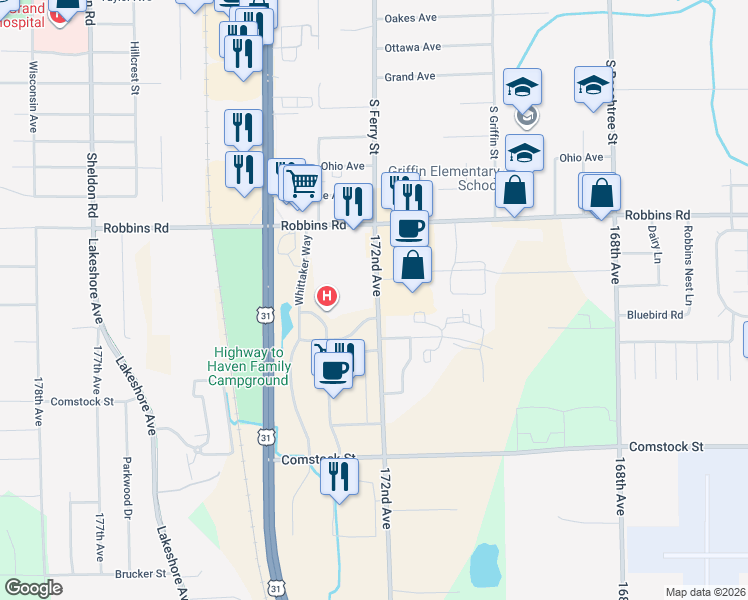 map of restaurants, bars, coffee shops, grocery stores, and more near 15070-15134 172nd Ave in Grand Haven