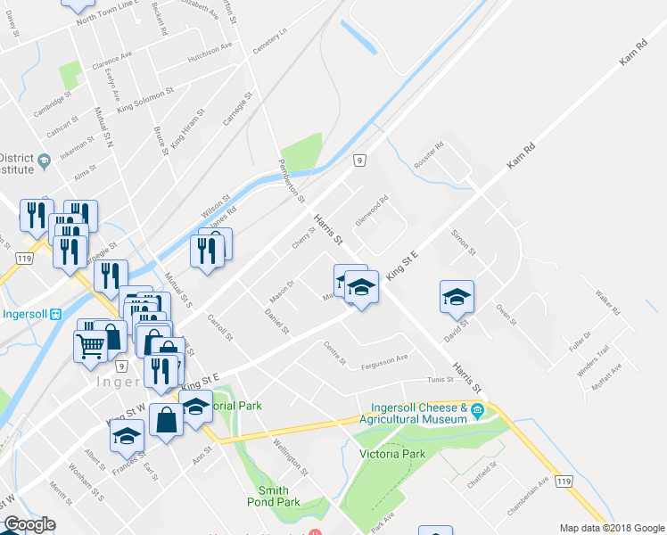 map of restaurants, bars, coffee shops, grocery stores, and more near 51 Mason Drive in Ingersoll