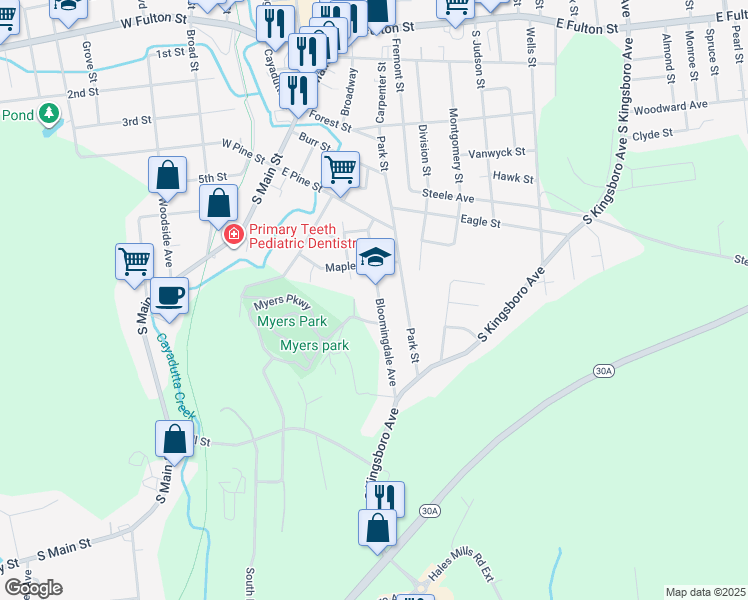 map of restaurants, bars, coffee shops, grocery stores, and more near 40 Bloomingdale Avenue in Gloversville