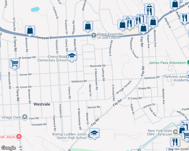 map of restaurants, bars, coffee shops, grocery stores, and more near 108 East Clover Road in Westvale