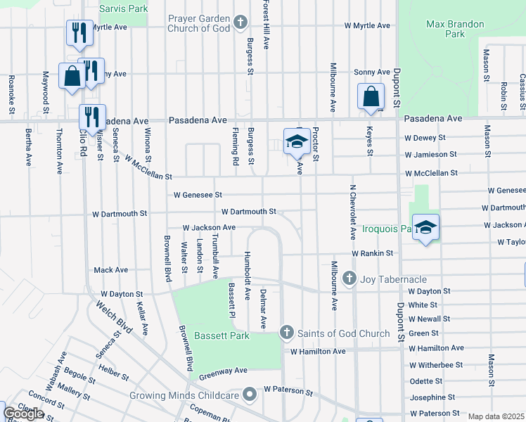 map of restaurants, bars, coffee shops, grocery stores, and more near West Dartmouth Street in Flint