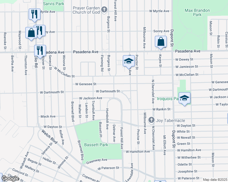 map of restaurants, bars, coffee shops, grocery stores, and more near West Dartmouth Street in Flint
