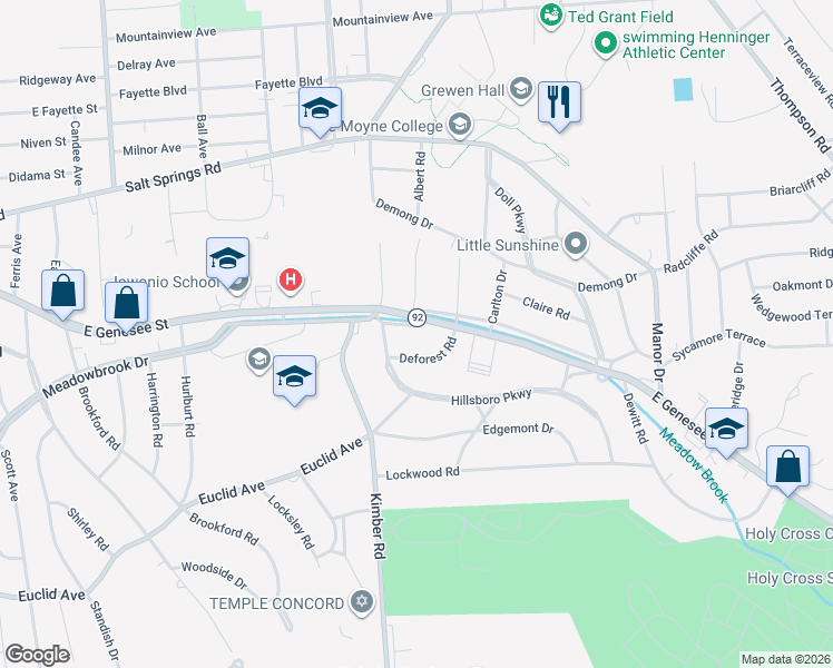 map of restaurants, bars, coffee shops, grocery stores, and more near 106 E Genesee Pkwy in Syracuse