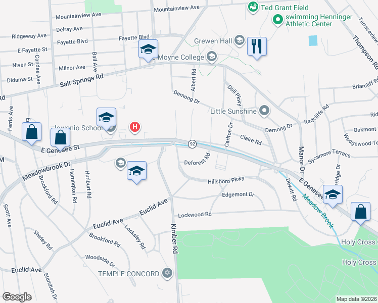 map of restaurants, bars, coffee shops, grocery stores, and more near 106 East Genesee Parkway in Syracuse