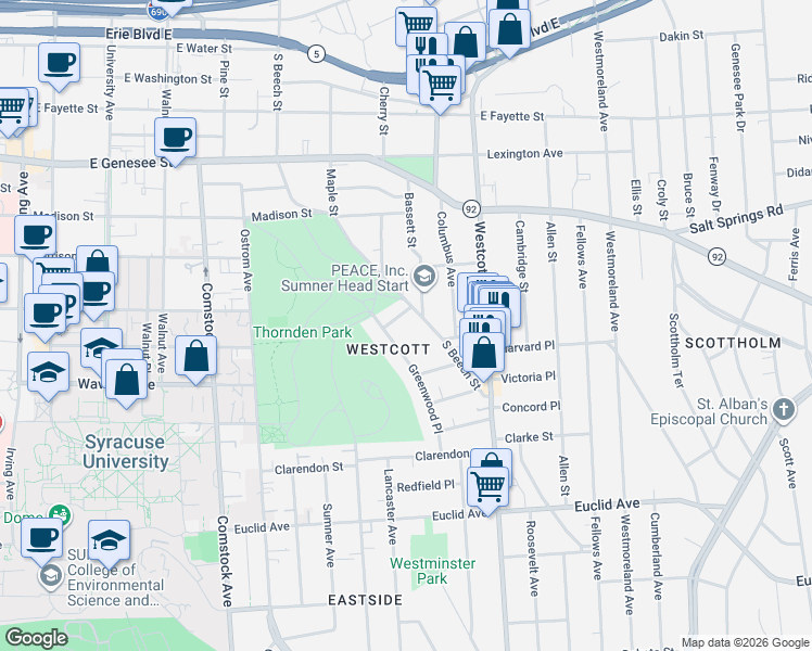 map of restaurants, bars, coffee shops, grocery stores, and more near 620 South Beech Street in Syracuse