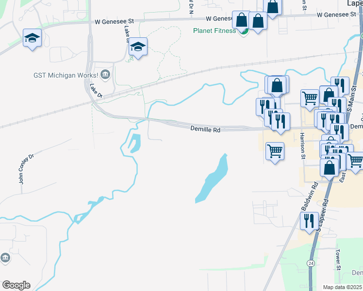 map of restaurants, bars, coffee shops, grocery stores, and more near 2525 Demille Road in Lapeer