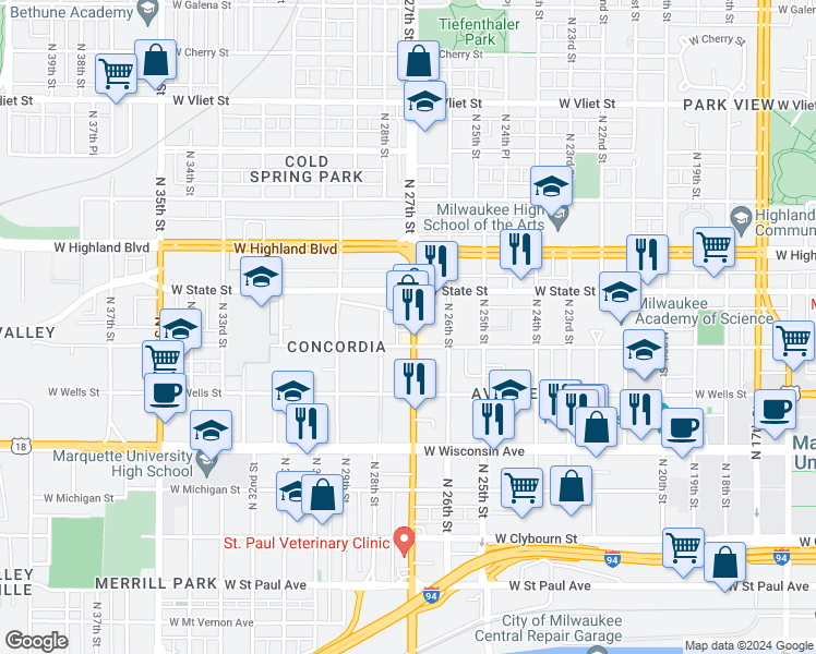 map of restaurants, bars, coffee shops, grocery stores, and more near in Milwaukee