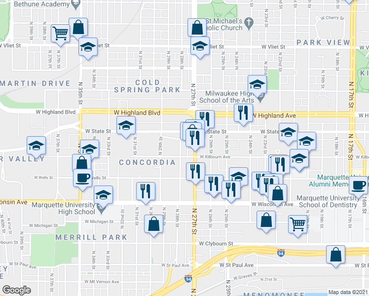 map of restaurants, bars, coffee shops, grocery stores, and more near in Milwaukee