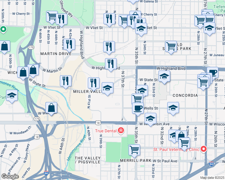 map of restaurants, bars, coffee shops, grocery stores, and more near 3744 West Miller Lane in Milwaukee