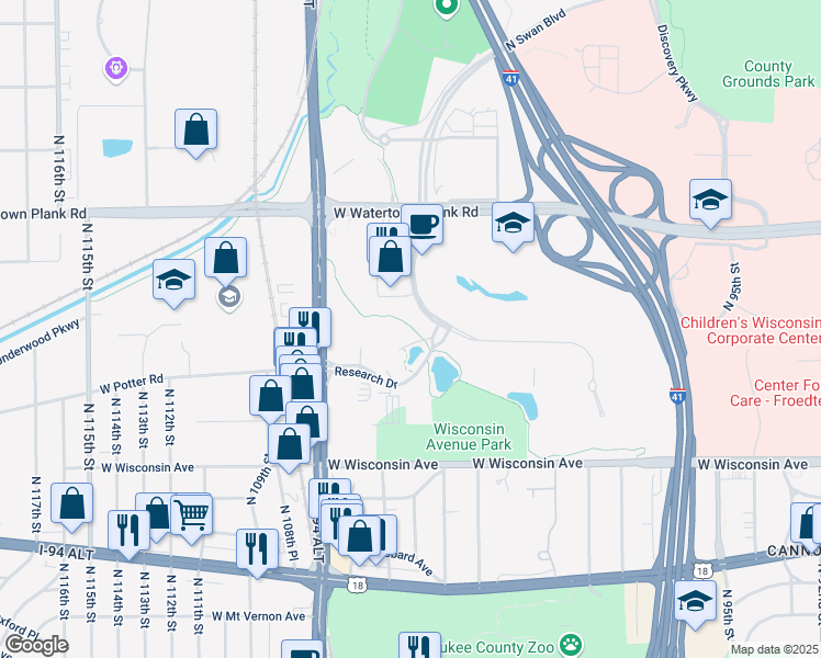 map of restaurants, bars, coffee shops, grocery stores, and more near 10401 West Innovation Drive in Wauwatosa