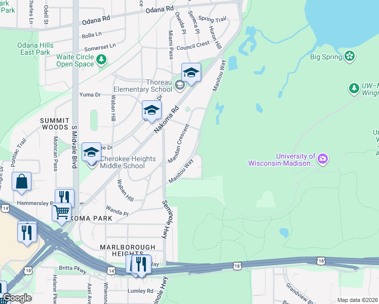 map of restaurants, bars, coffee shops, grocery stores, and more near 4129 Mandan Crescent in Madison