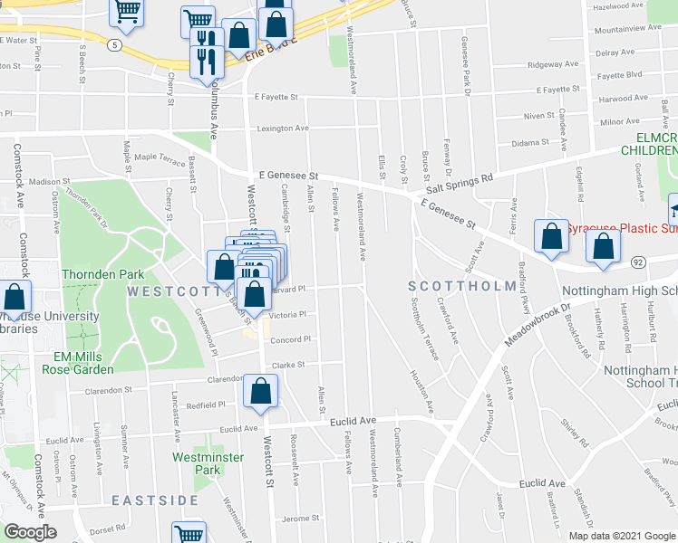 map of restaurants, bars, coffee shops, grocery stores, and more near 186 Fellows Avenue in Syracuse