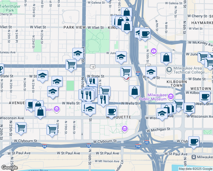map of restaurants, bars, coffee shops, grocery stores, and more near 931 North 14th Street in Milwaukee