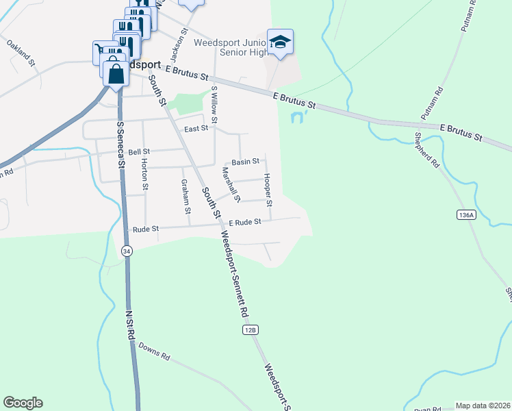map of restaurants, bars, coffee shops, grocery stores, and more near 2806 Marshall Street in Weedsport