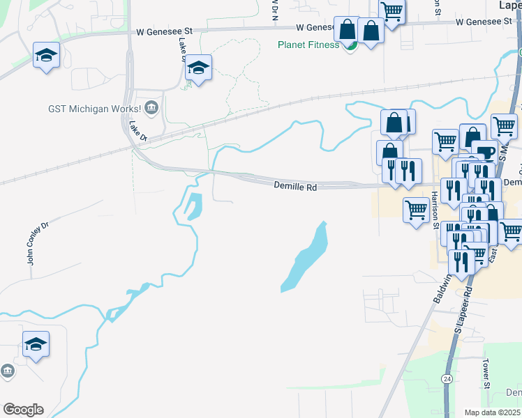 map of restaurants, bars, coffee shops, grocery stores, and more near 2525 Demille Road in Lapeer