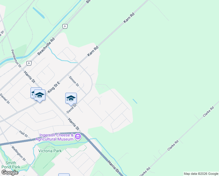 map of restaurants, bars, coffee shops, grocery stores, and more near 24-26 David Street in Ingersoll
