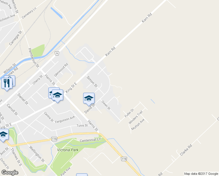 map of restaurants, bars, coffee shops, grocery stores, and more near 24-26 David Street in Ingersoll