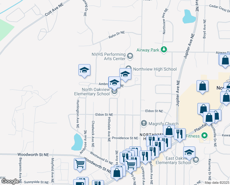 map of restaurants, bars, coffee shops, grocery stores, and more near 4300 Costa Avenue Northeast in Grand Rapids